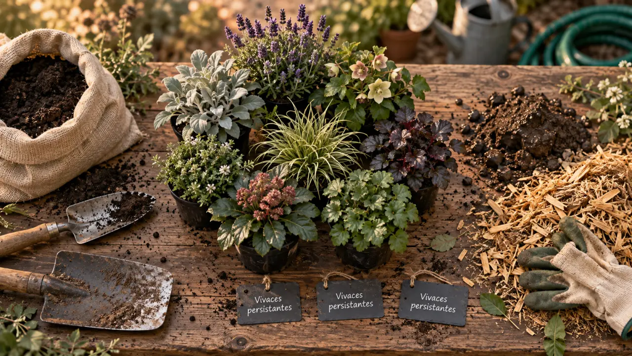 Plantes vivaces : massif prêt à planter, bêche, compost et arrosoir