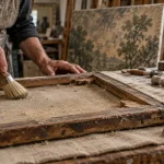 Toile de poussière : châssis ancien avec dépôt de poussière et nettoyage