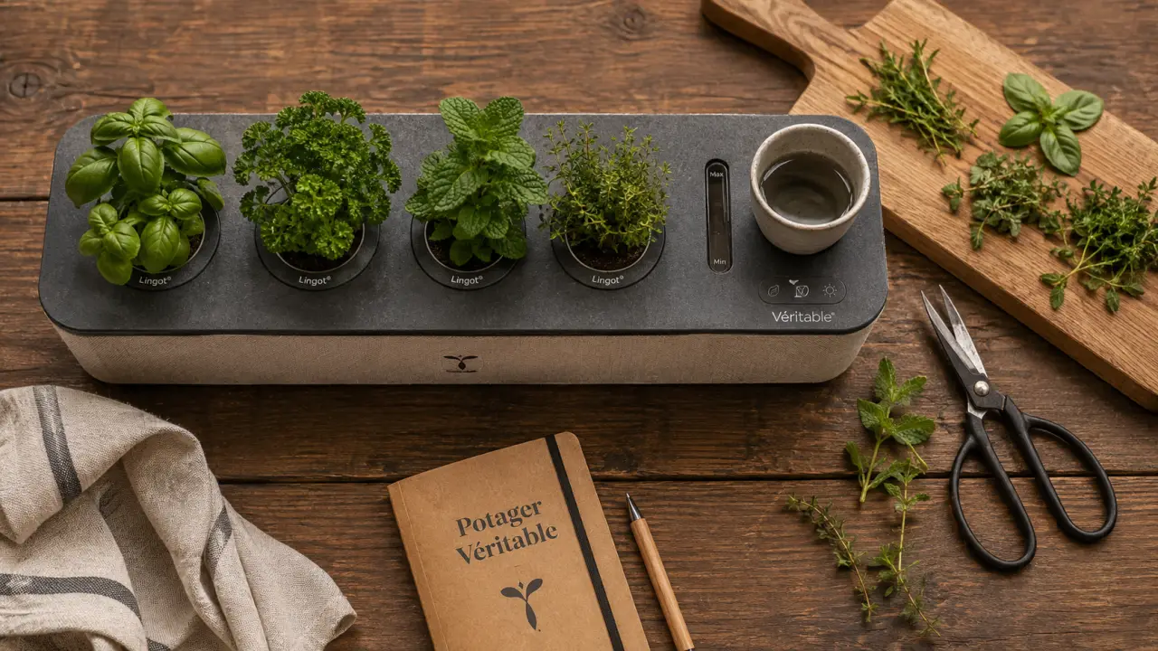 Veritable potager d’intérieur avec 4 Lingots® et LED horticole, prêt à récolter