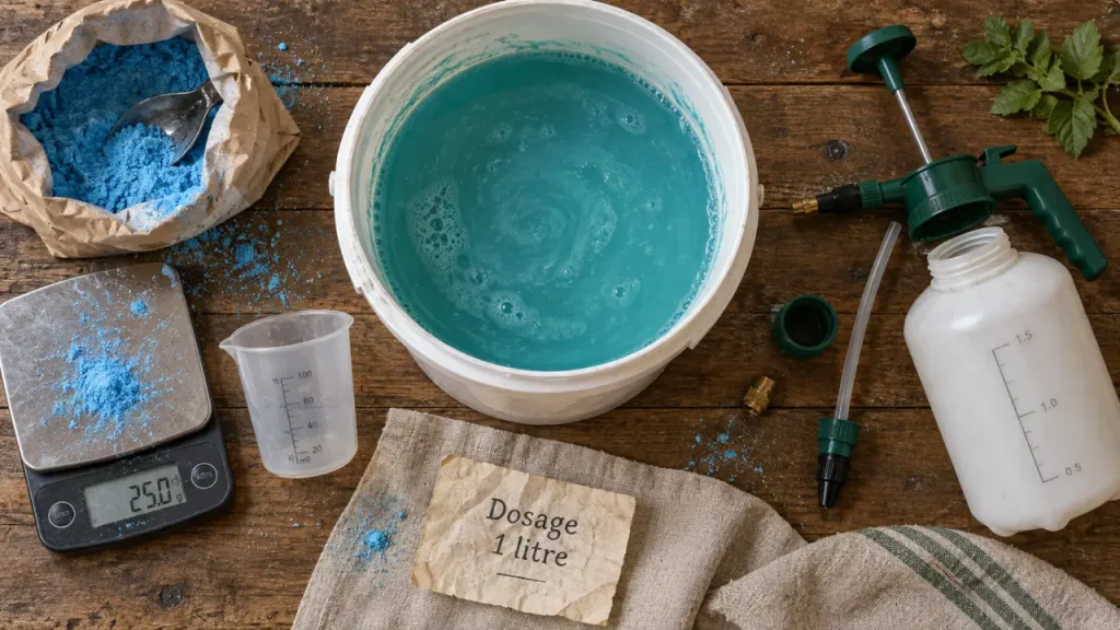 Dosage de bouillie bordelaise pour 1 litre : 6 à 20 g selon la culture et le moment