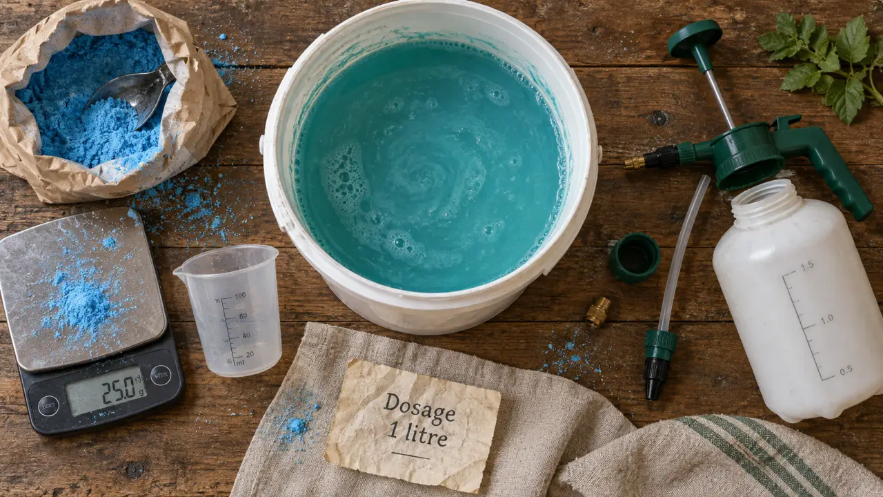 Dosage bouillie bordelaise pour 1 litre : 6 à 20 g, mesure de poudre et pulvérisateur