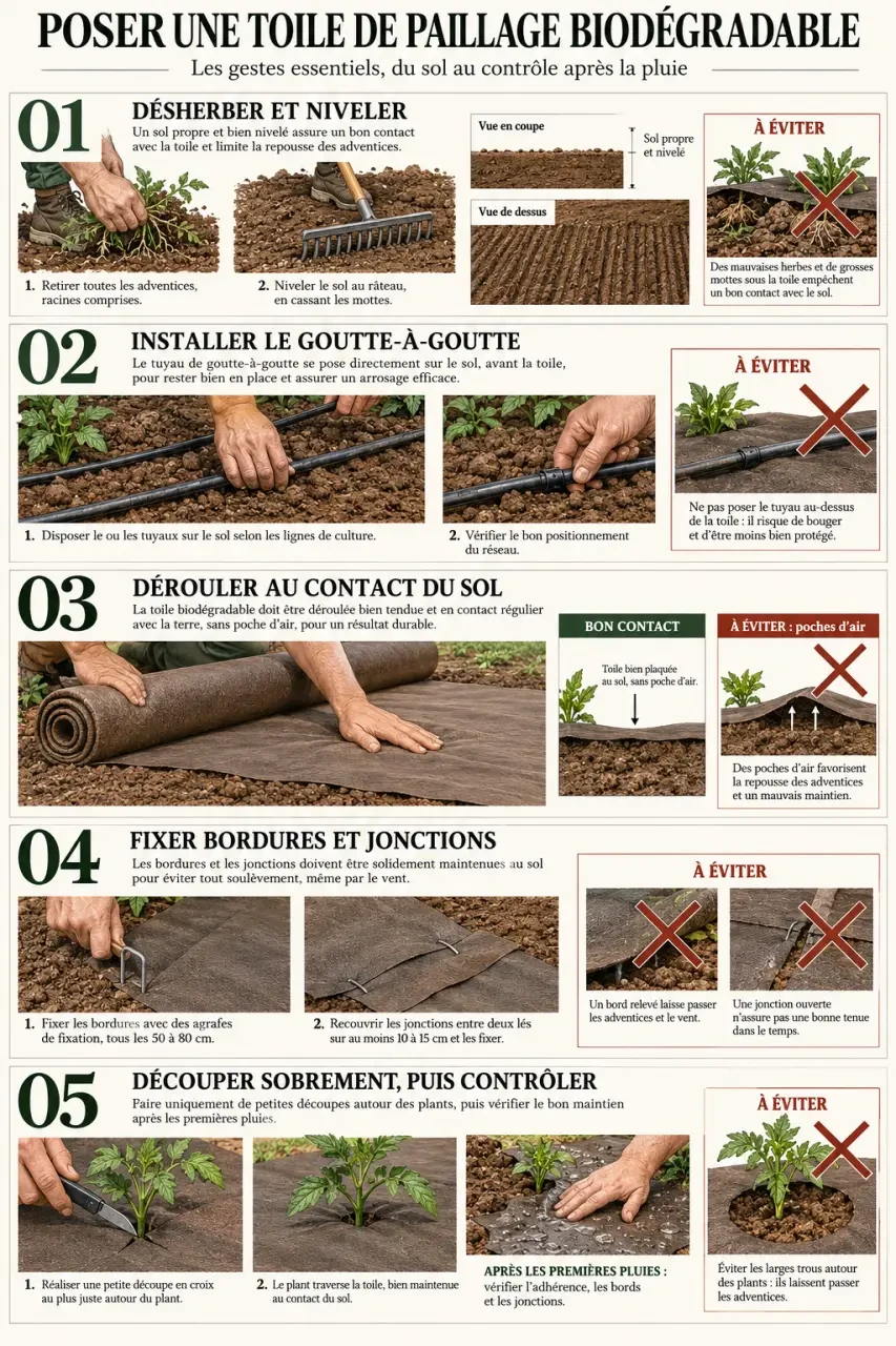 Étapes de pose d'une toile de paillage biodégradable au potager