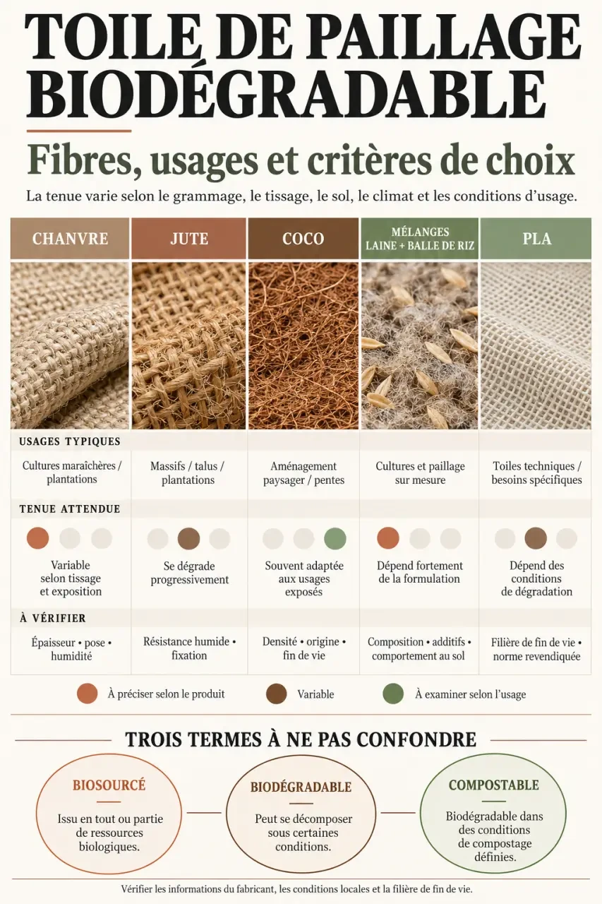 Infographie comparative sur la toile de paillage biodégradable selon les matériaux et les usages