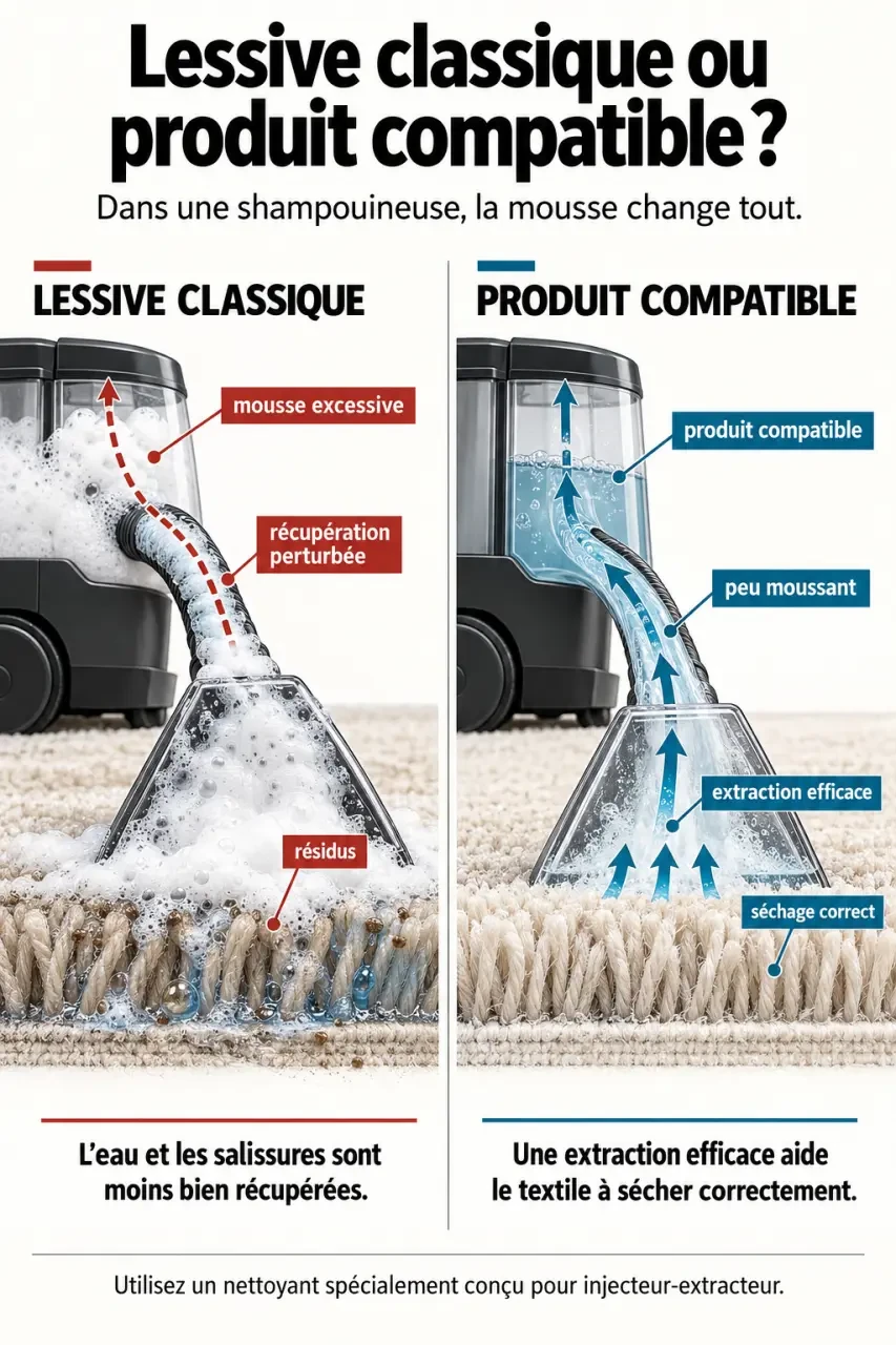 Peut-on mettre de la lessive dans une shampouineuse : risques de mousse et de résidus