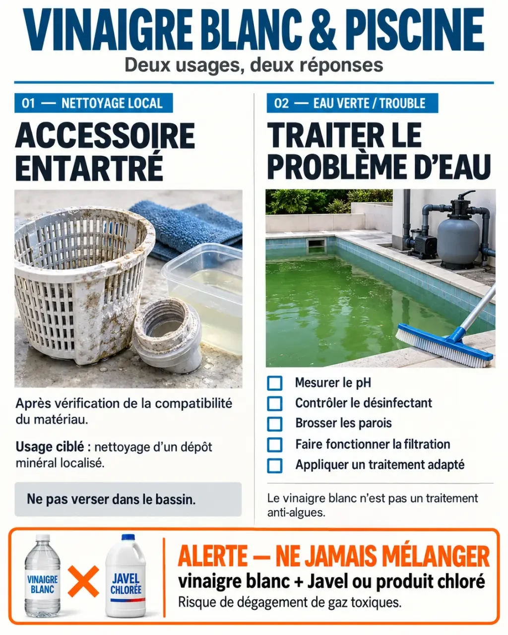 Infographie sur le vinaigre blanc piscine : nettoyage local, limites contre l'eau verte et précautions avec le chlore