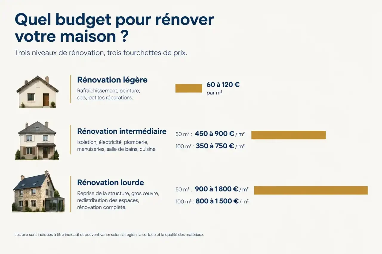 Estimation travaux maison avant achat : fourchettes de coût au mètre carré selon le niveau de rénovation légère, intermédiaire ou lourde