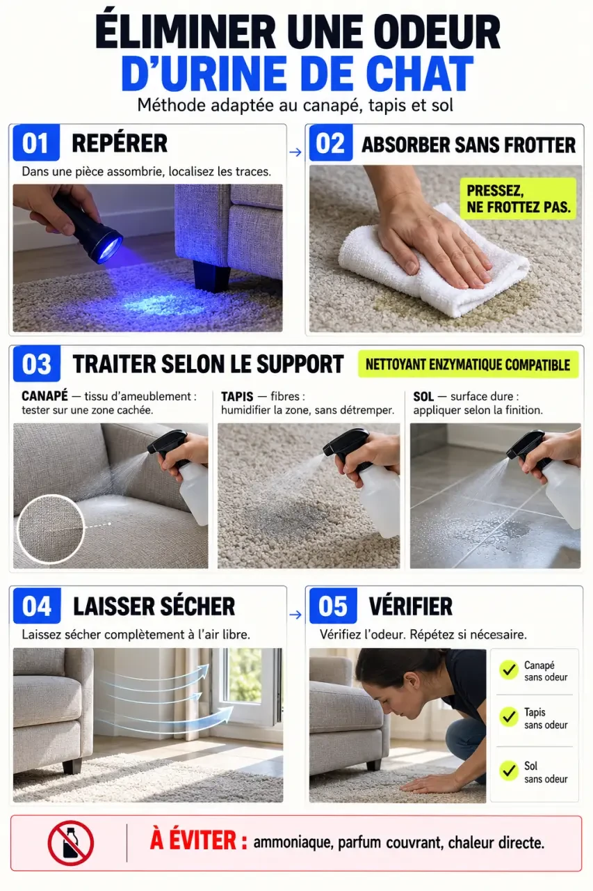 Comment enlever l'odeur de pipi de chat dans la maison : étapes de nettoyage avec absorption et nettoyant enzymatique