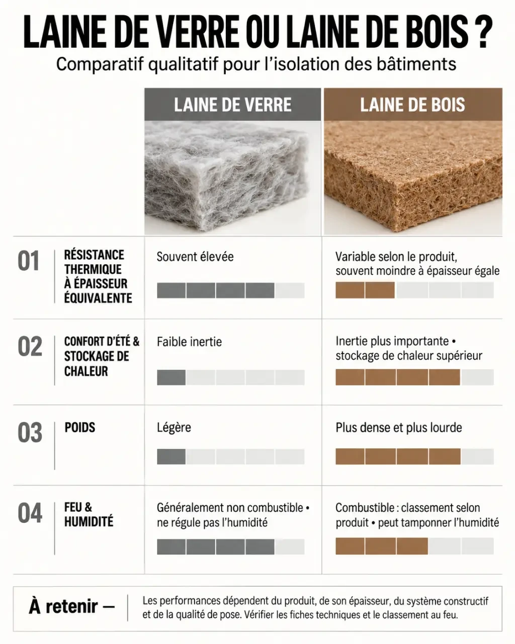 Infographie comparative laine de verre ou laine de bois selon la performance, le confort d’été, le poids et le feu