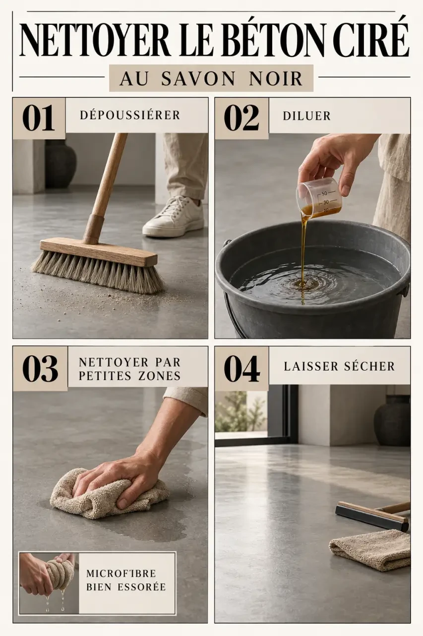 Étapes du nettoyage béton ciré savon noir avec microfibre et peu d’eau