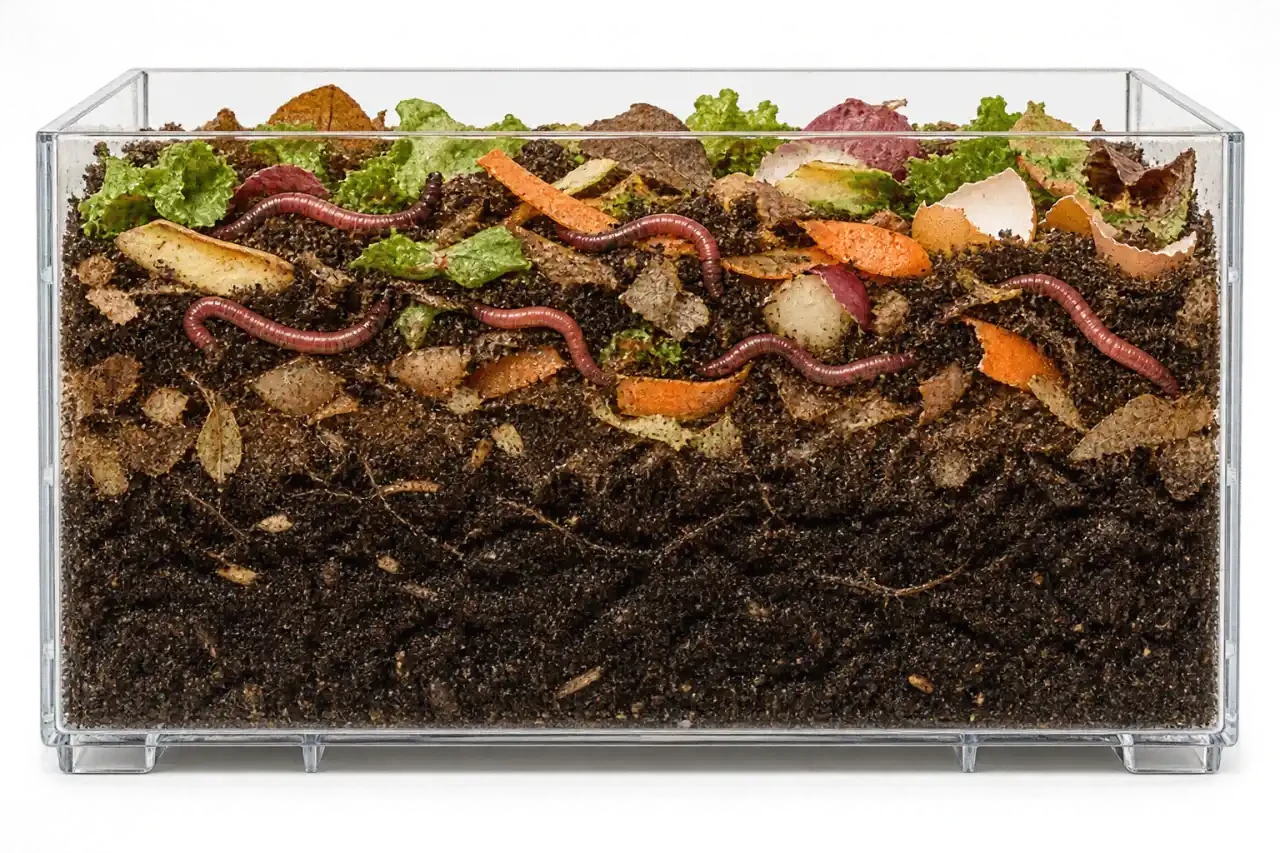 Vers de terre pour compost dans un lombricomposteur avec litière et déchets organiques