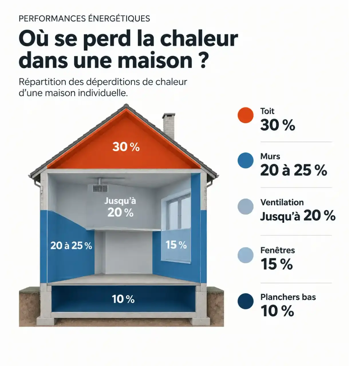 Répartition des déperditions de chaleur d'une maison pour bien préparer ses travaux de rénovation énergétique