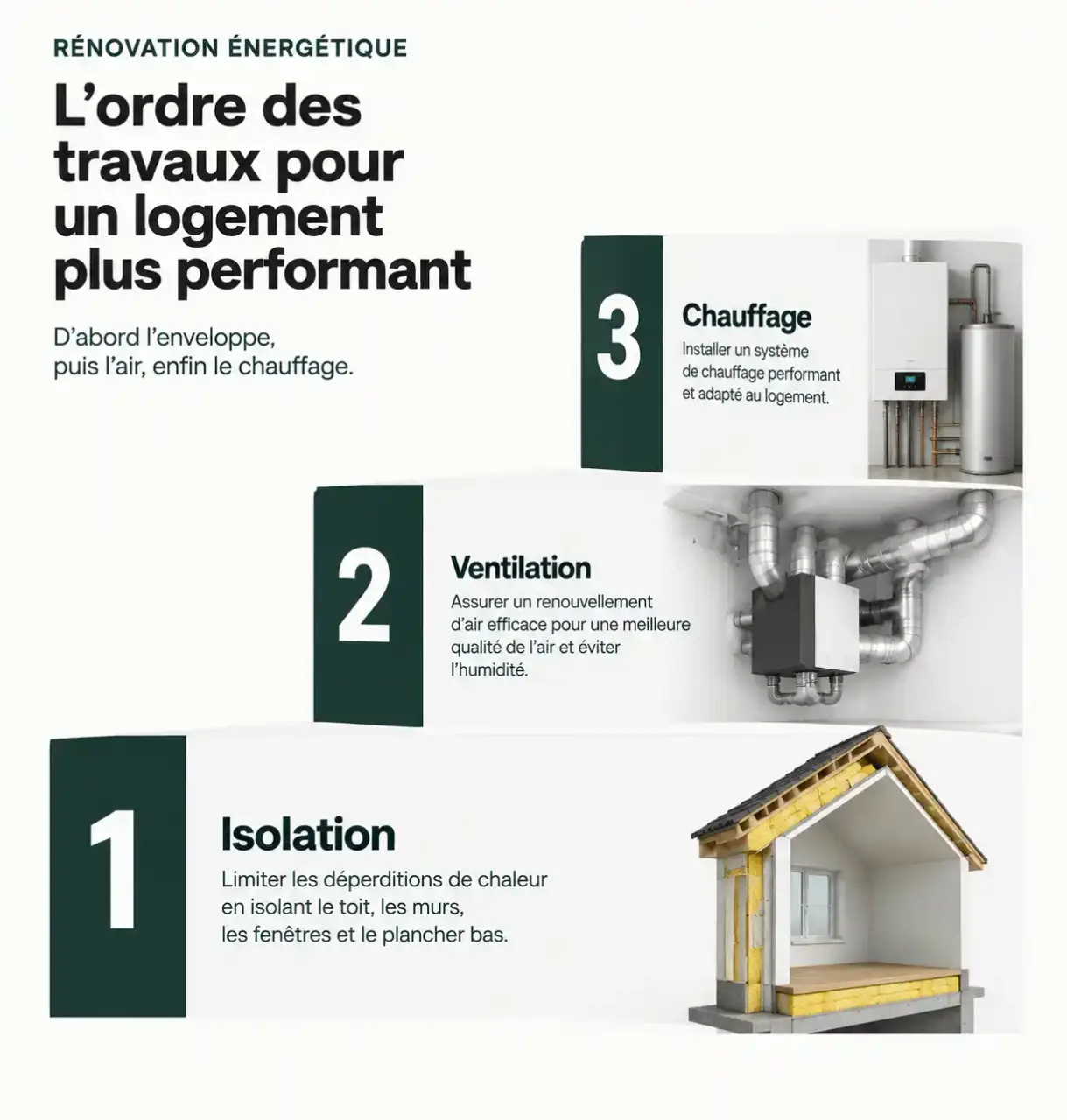 Ordre des travaux pour bien préparer sa rénovation énergétique : isolation, ventilation puis chauffage