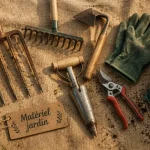 Matériel pour le jardinage : bêche, grelinette et gants, outils essentiels