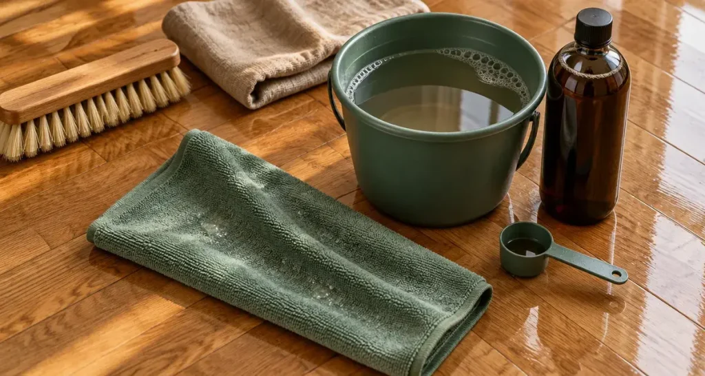 Le savon noir nettoie un parquet vitrifié, à condition de limiter l’eau