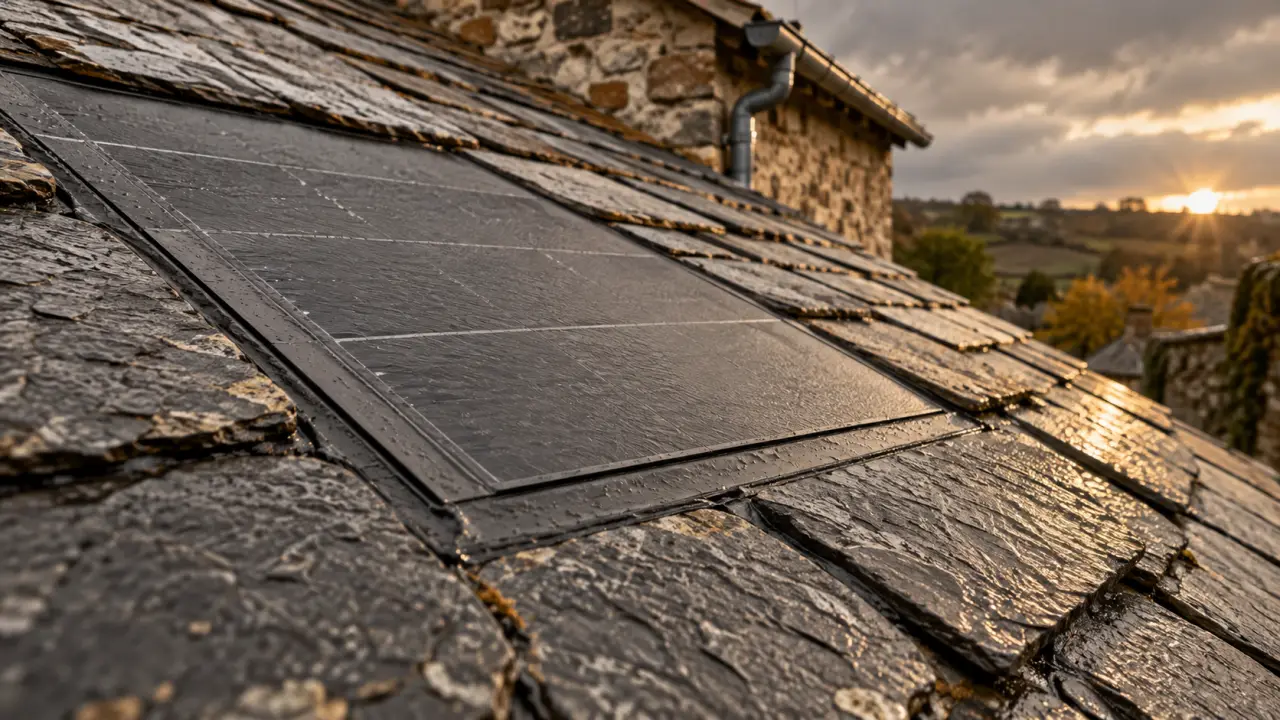 Panneau solaire ardoise anthracite mat sur toit en ardoises
