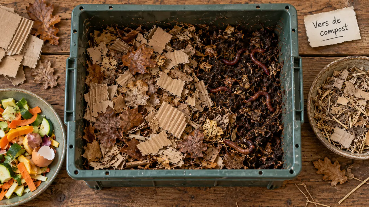 Vers de terre compost dans un lombricomposteur actif